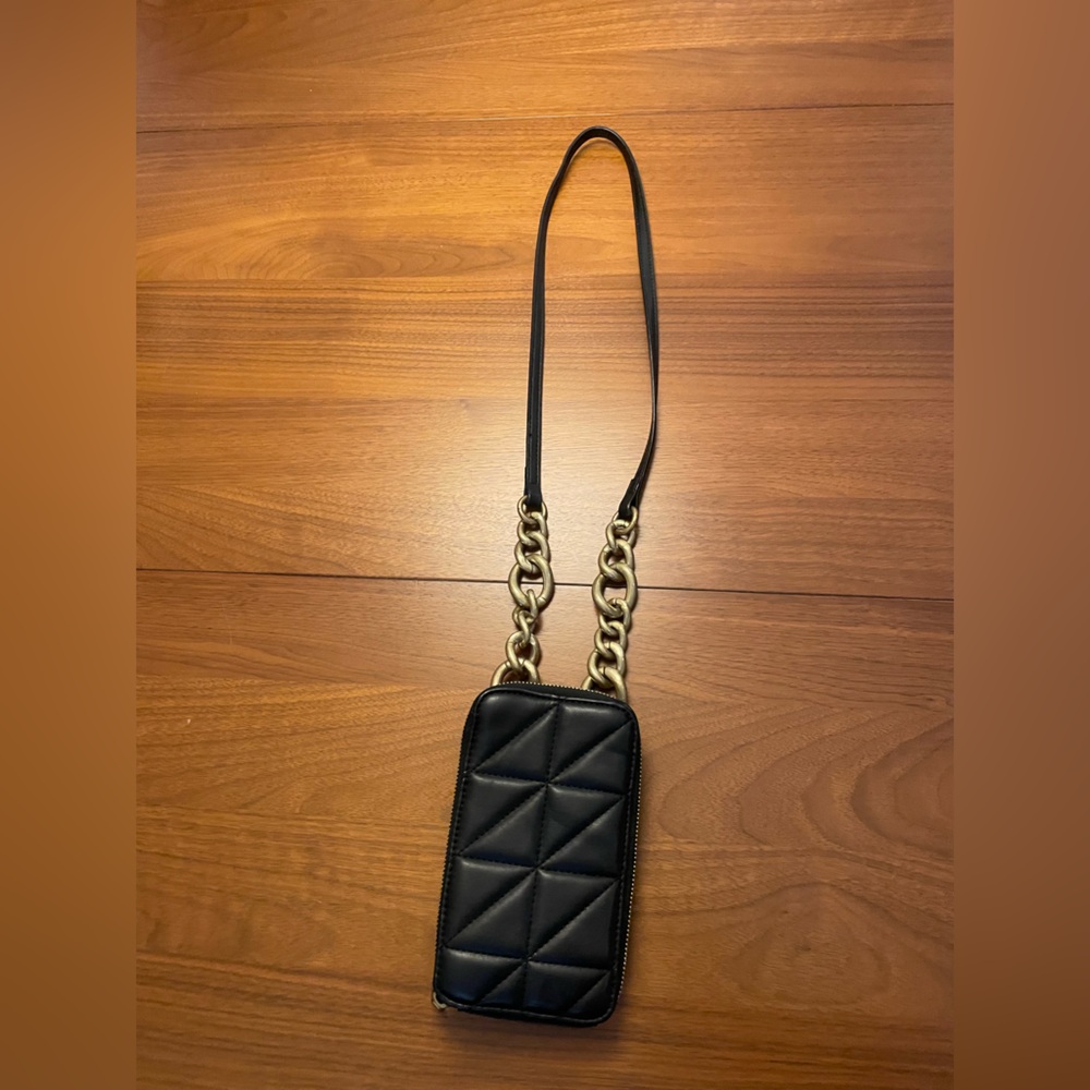 Zara crossbody black phone bag wallet with brass detail on strap.